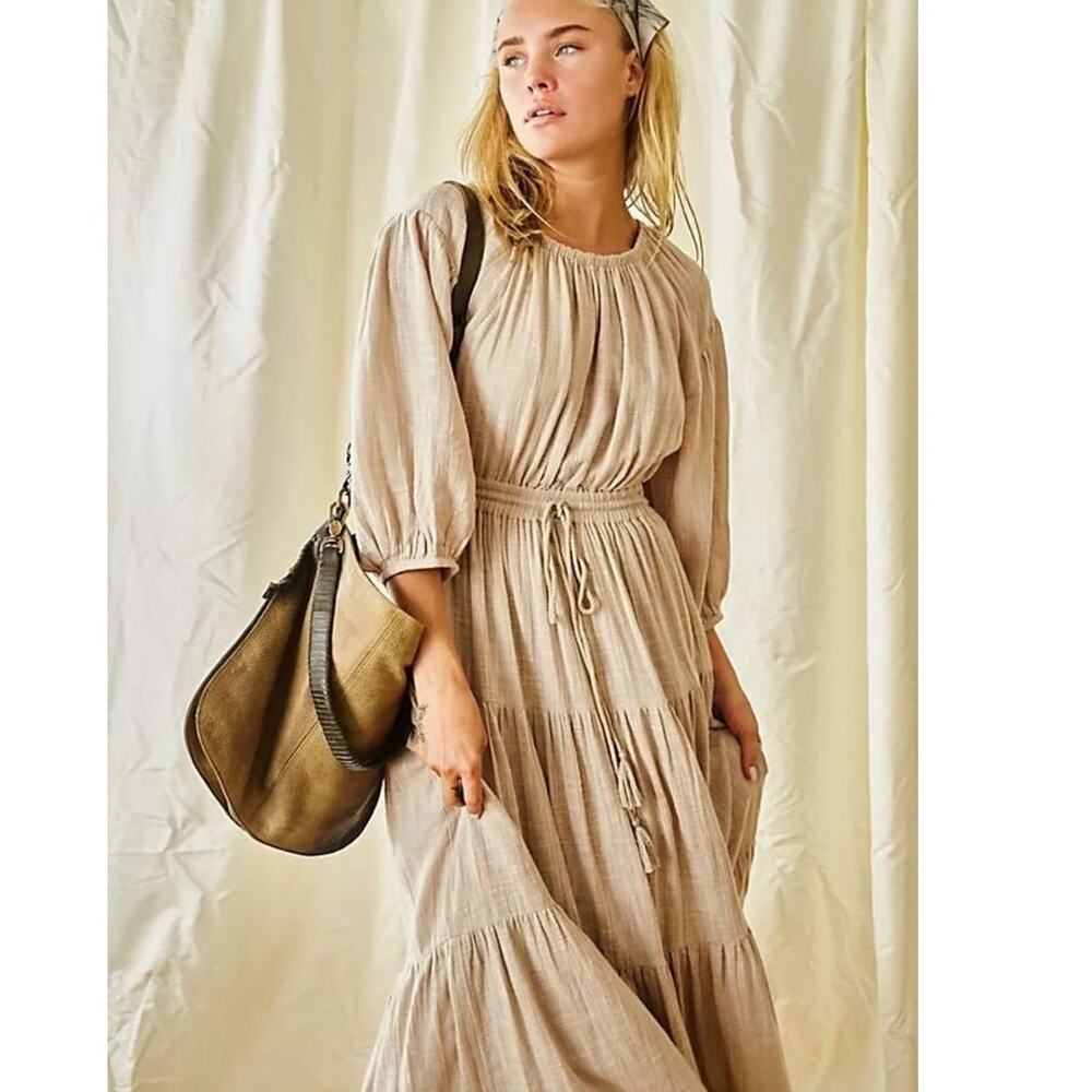 New Free People Ibiza Sun Dress MIDI $118 SMALL Mushroom Boho Tiered